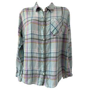 Candace Cameron Bure Linen Blend Button Front Shirt Aqua Plaid XS Preppy Casual